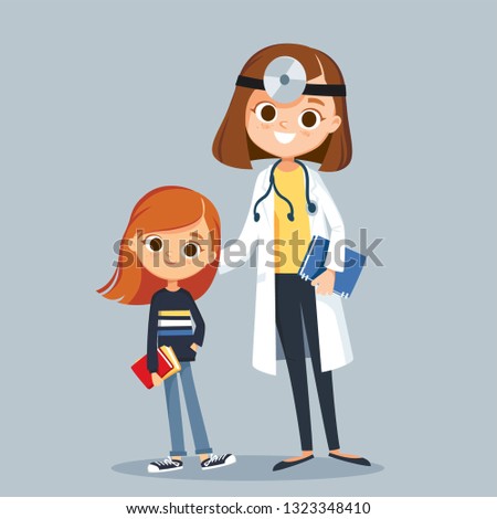 Female doctor pediatrician with patient child girl standing close to each other. Vector illustration. Flat design.