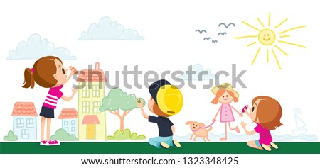 Kids painting and drawings on the wall. Children draw. Child drawn illusration. Children art group.  Royalty-Free Stock Photo #1323348425