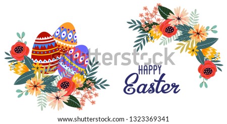 Happy Easter. Cartoon cute folk eggs with bouquet of flowers and text on a white background. Horizontal Vector illustration