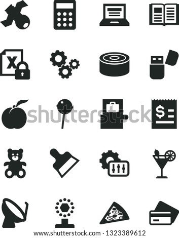 Solid Black Vector Icon Set - laptop vector, teddy bear, putty knife, book, canned goods, piece of pizza, Chupa Chups, cocktail, ripe peach, satellite dish, gears, article on the dollar, calculator