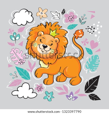 Cute lion with leaves and flowers on a grey background