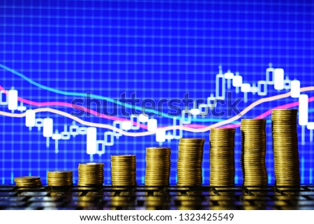 Ladder to wealth of golden coins isolated on forex chart background. Wealth.