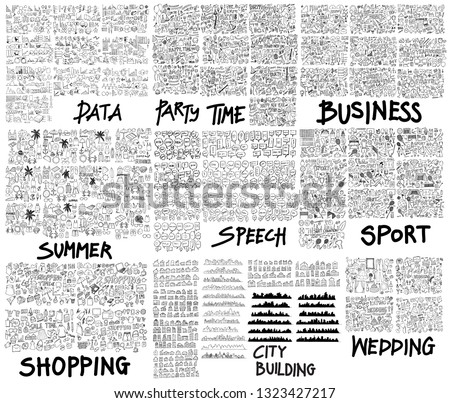 Doodle Vector illustration Big collection of Data, Party, Business, Summer, Speech, Sport, Shopping, City, House, Wedding Royalty-Free Stock Photo #1323427217