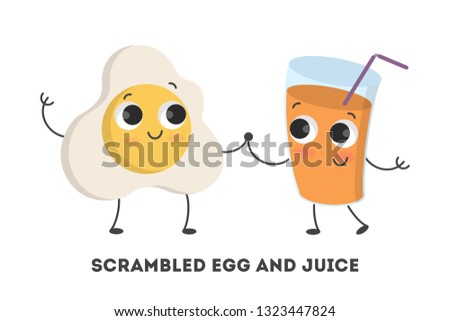 Cartoon scrambled eggs with juice glass on white.