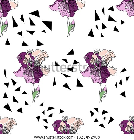 Seamless pattern with beautiful irises and geometric shapes. Hand-drawn floral background for textile, cover, wallpaper, gift packaging, printing.Romantic design for calico, silk.
