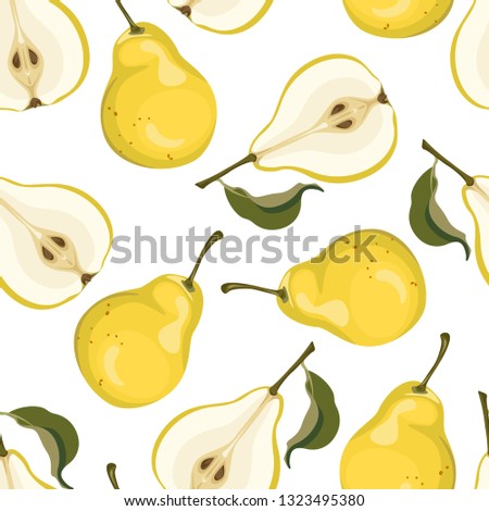 Seamless pattern with pears on white background. Vector illustration of yellow fruit and green leaves in cartoon simple flat style.