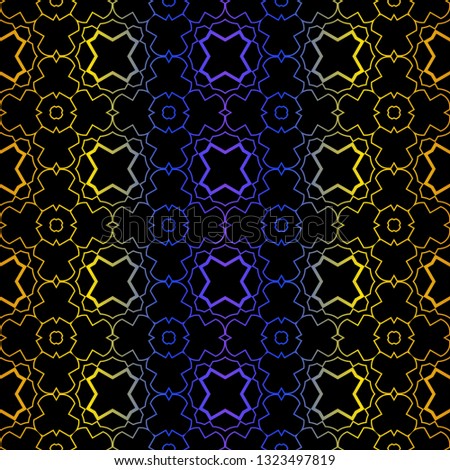 Art Deco Retro Pattern Of Geometric Elements. Seamless Pattern. Vector Illustration. Design For Printing, Presentation, Textile, Business, Advert, Flyer. Blue yellow gradient on black background.