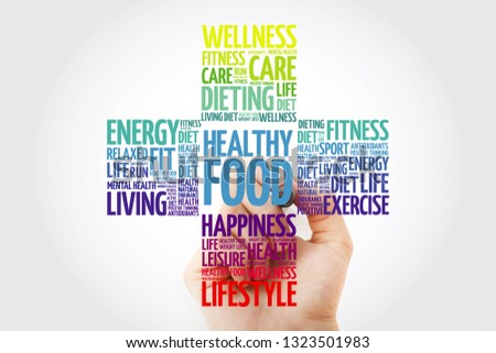 Healthy Food word cloud with marker, health cross concept background