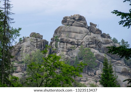 Cliffs and a pine forest in Krasnoyarsk Pillars National Park. Summer time in Siberia.