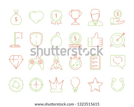 Gamification icons. business achievements line icon set for competitive office managers, advantage vector thin linear badges, levels and rewards
