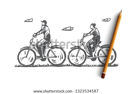 Old, couple, bicycle, happy, sport concept. Hand drawn old couple cycling outdoor concept sketch. Isolated vector illustration.