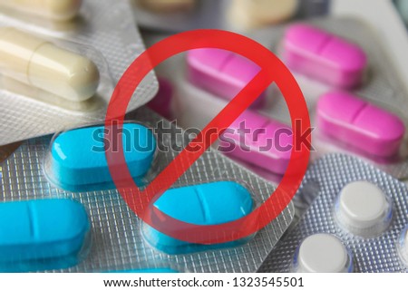 Forbidden medicine no pill image. Prohibited capsule sign. Pills with prohibited sign