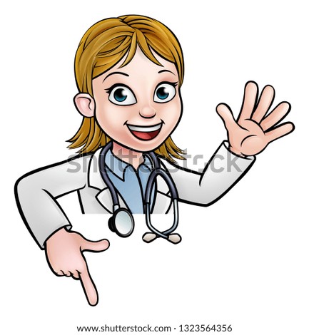 A cartoon doctor wearing lab white coat with stethoscope waving above sign and pointing at it