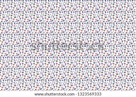 Raster illustration. Seamless pattern of sweet candy on blue, neutral and white colors.