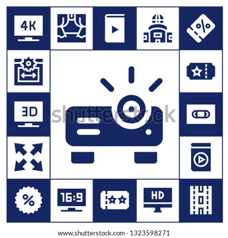 movie icon set. 17 filled movie icons.  Collection Of - Television, Web size, Projector, Maximize, Ticket, Vhs, Media player, Coupon, Scene, Video, Hd, Strip