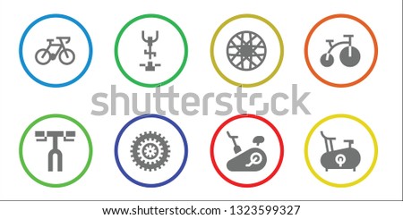 biking icon set. 8 filled biking icons.  Collection Of - Bicycle, Handlebar, Stationary bike, Spoke wheel, Bike