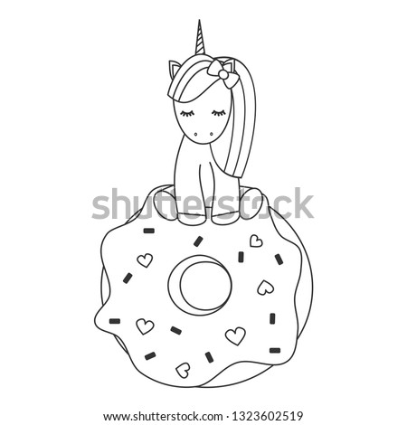 cute vector black and white cartoon lovely unicorn sitting on a big donut illustration for coloring art