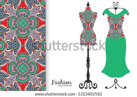 Vector fashion illustration. Vintage tailor dummy, dress model, colorful seamless pattern for textile fabric, paper print, invitation, business card design. Boho style isolated clothes collection