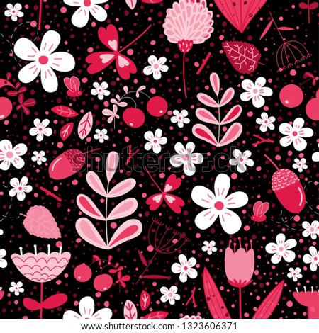 Seamless Pattern with Flowers, Branch, Leaves, Acorn and Forest Insects and Flies. Creative Floral Texture. Great for Fabric, Textile, Wallpaper. Vector Illustration