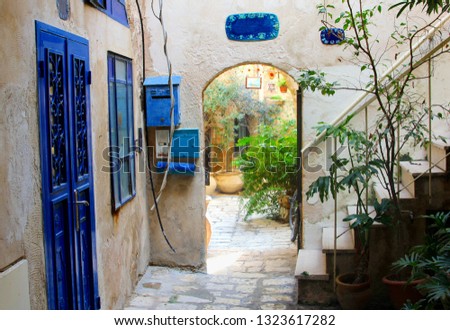 Typical houses with rustic blue doors, arch, gate, twelve signs of the Zodiac and courtyard garden plants in beautiful city of Old Jaffa (Yafo, Yaffa) district, Tel Aviv, Israel