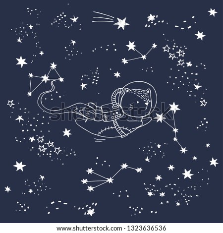 Vector illustration of a cat in space with constellations, shooting stars, hand drawn card, can be used as print for t shirt