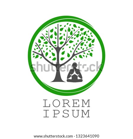 Pattern of a tree and a man in meditation. Round logo for peace of mind.