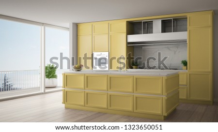 Classic yellow kitchen in modern open space with parquet floor and big panoramic window with balcony on sea landscape, island and accessories, minimalist contemporary interior design, 3d illustration