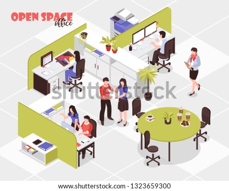 People working in big open spare office in advertising agency 3d isometric vector illustration