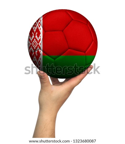 Man holding Soccer ball with Belarus flag, isolated on white background.