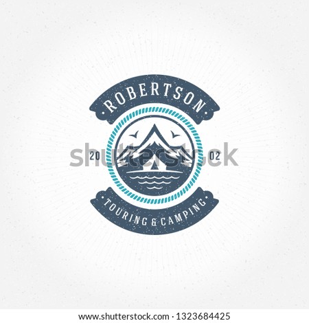 Mountains logo emblem vector illustration. Outdoor adventure camping, mountains and tent silhouettes shirt, print stamp. Vintage typography badge design.