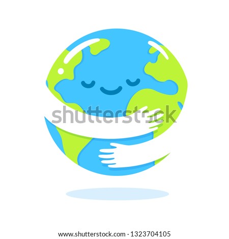 Save the planet, Earth hug drawing. Cute cartoon Earth Day vector clip art illustration. Royalty-Free Stock Photo #1323704105