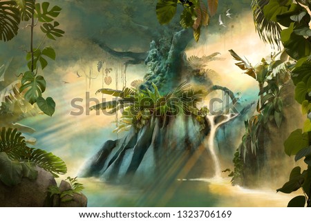 beautiful dreamy jungle landscape with big old tree, can be used as background or wallpaper