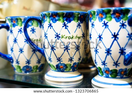 Clay and china mugs for sale as souvenir in Krakow, Poland