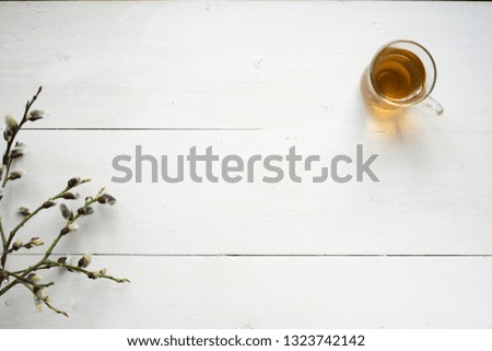 Work morning mood mock up for your text and design, top view, flat lay, rustic wooden background. 