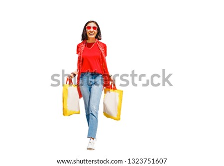 Happy girl in t-shirt with package with food isolated white background