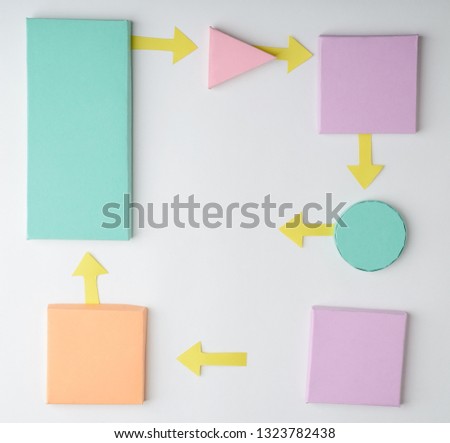 Colored paper flowchart with copy space on white background. Handcraft, child's creativity and step-by-step diagram.