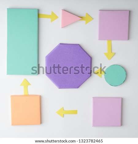 3D paper flowchart on white background. Rectangles, triangle, circle and octagon connected with arrows.