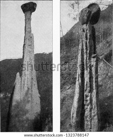 Earth pyramids of Ritten near Bozen, vintage photo. From the Universe and Humanity, 1910.
