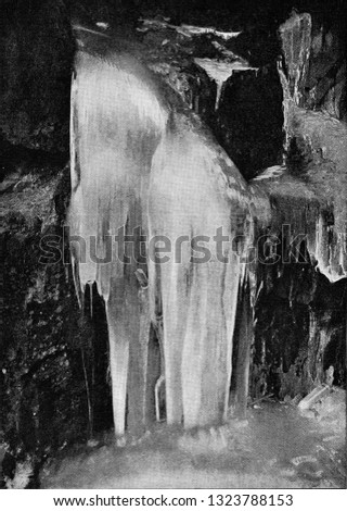 Ice formation on mountain slopes, vintage photo. From the Universe and Humanity, 1910.

