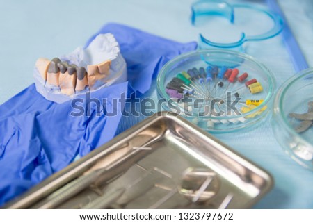 Dental tools at dental office and braces example