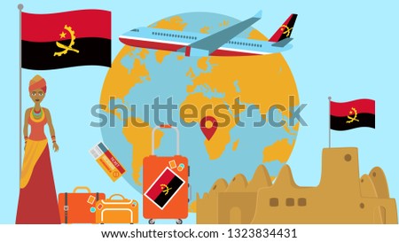 Welcome to Angola postcard. Travel and safari concept of Africa world map vector illustration with national flag welcome background