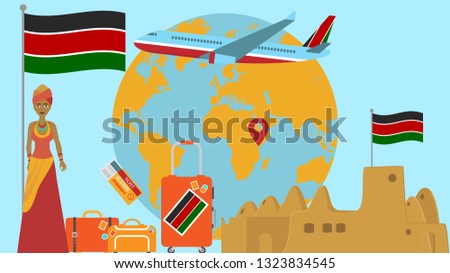 Welcome to Kenya postcard. Travel and safari concept of Africa world map vector illustration with national flag welcome background
