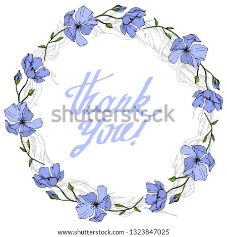 Vector Blue Flax floral botanical flower on white background. Wild spring leaf wildflower isolated. Engraved ink art. Frame border ornament square.