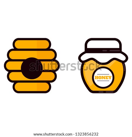 cartoon jar with honey and label and beehouse