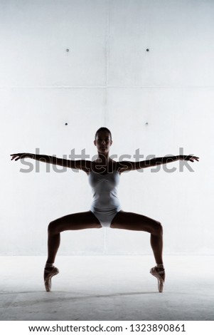 Female ballet dancer standing on point shoes on stage with powerful elegant pose in silhouette, performing arts indoors. Young woman body shape, balance strength graphic concept, lifestyle.