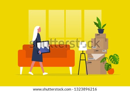 Young female character moving to a new apartment. Relocation. Mortgage. Flat editable vector illustration, clip art