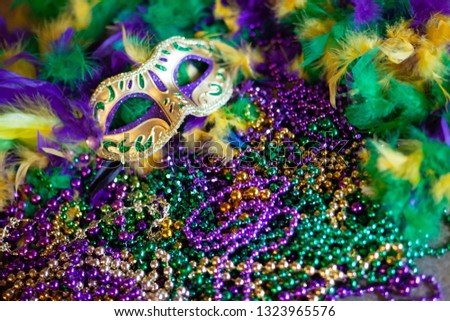 Mardi Gras background beads mask and feathers