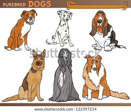 Cartoon Vector Comic Illustration of Canine Breeds or Purebred Dogs Set