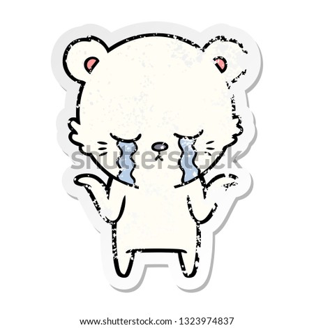 distressed sticker of a crying cartoon polar bear shrugging shoulders