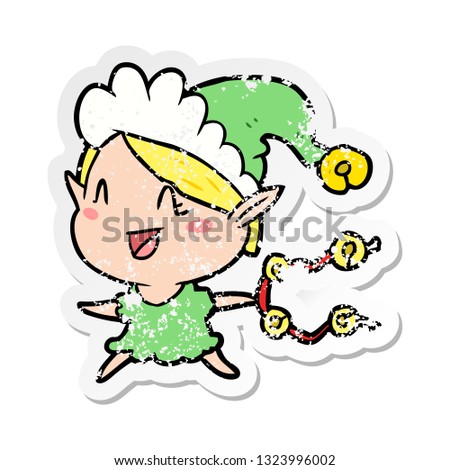 distressed sticker of a cartoon happy christmas elf